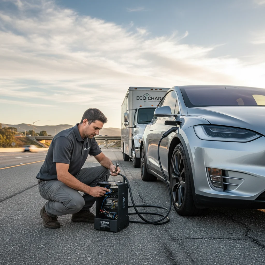 Rivian R1S stopped on the I-15 shoulder near Escondido with rolling hills behind it and a mobile charging truck approaching at dusk