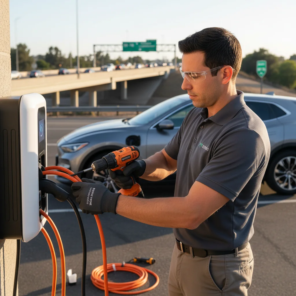 Technician in a branded jacket plugging a portable charger into an EV on an Esco