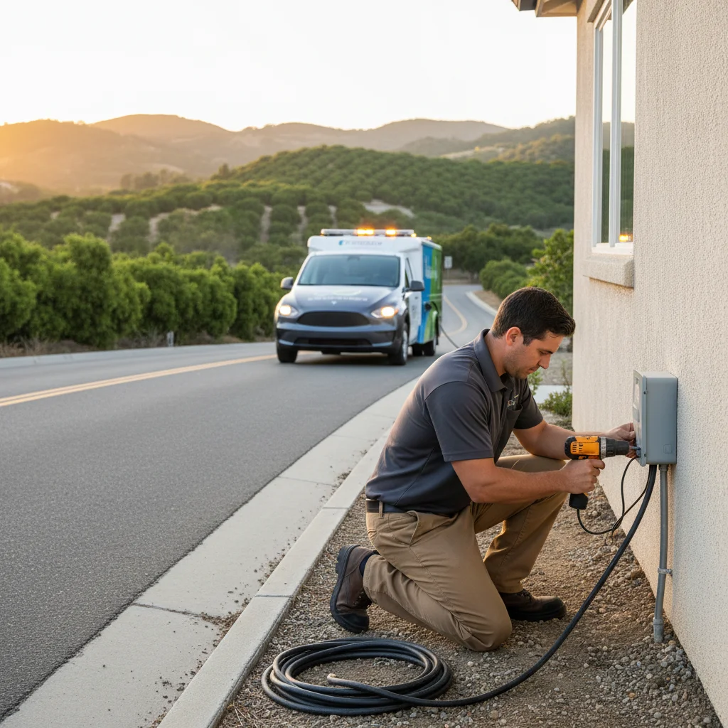 A Tesla Model Y stopped on the shoulder of SR-76 near Fallbrook with avocado groves and rolling hills behind, mobile EV charging truck approaching under late afternoon light