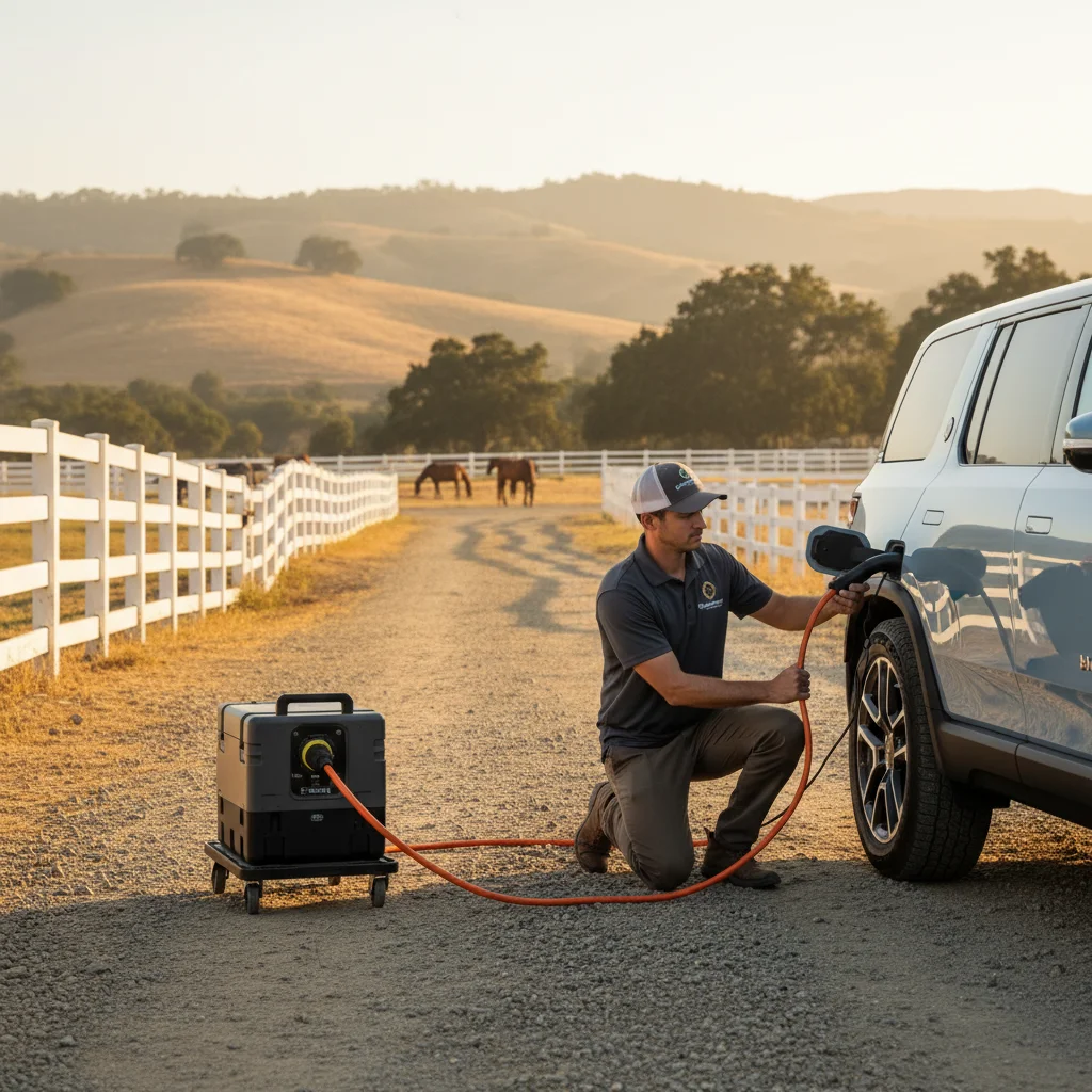 Technician in branded jacket plugging a portable charger into a Rivian R1S on a rural Bonsall driveway with horse fencing in the background, photorealistic