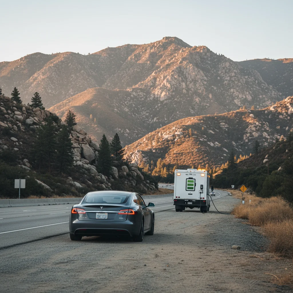 A stranded EV on the shoulder of Interstate 8 east of Alpine, with a Charge Pro SD mobile rescue truck approaching.