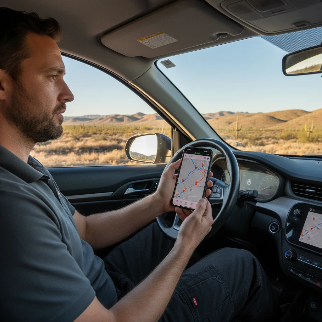 Driver checking a phone showing a sparse charger map on the I-8 east corridor wi