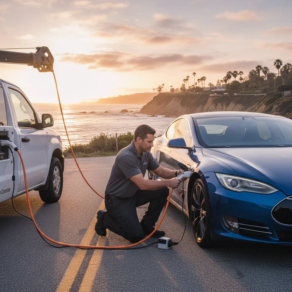 A Lucid Air luxury electric sedan parked in a San Diego driveway with a mobile EV rescue truck pulled up alongside it.