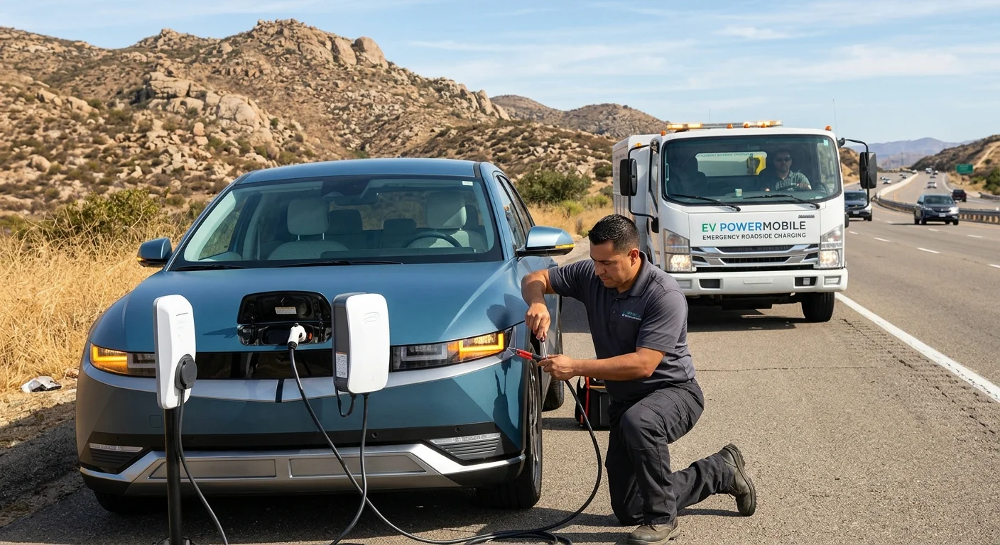 Hyundai Ioniq 5 stopped on I-8 shoulder near Alpine, mobile EV charger truck approaching