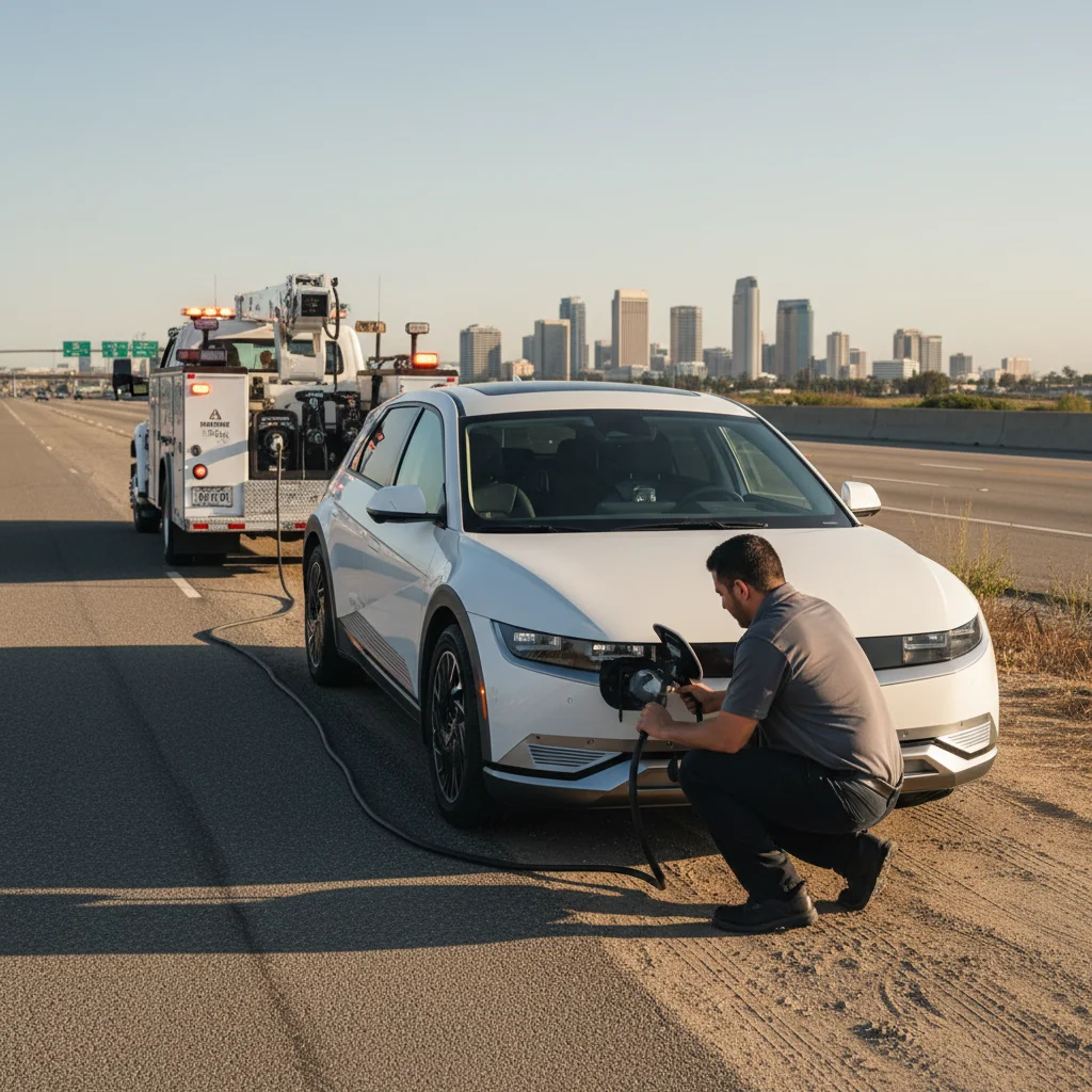 A Hyundai Ioniq 5 stopped on the shoulder of I-5 south near National City with the South Bay skyline visible.