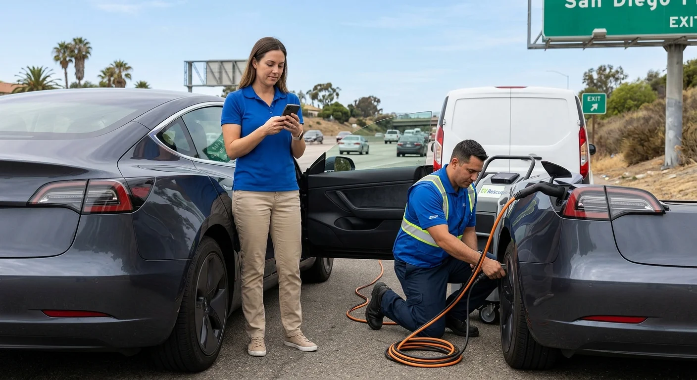 Stranded EV parked safely near a San Diego freeway exit as the driver checks nearby roadside help on a phone