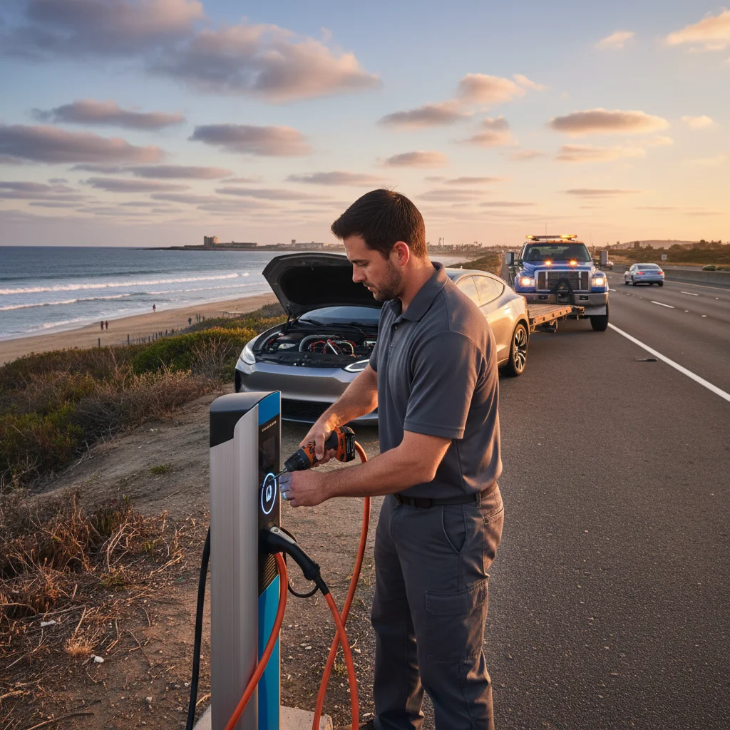 An EV stopped on the I-5 shoulder near Camp Pendleton with the Pacific Ocean to the west and a mobile charging truck approaching