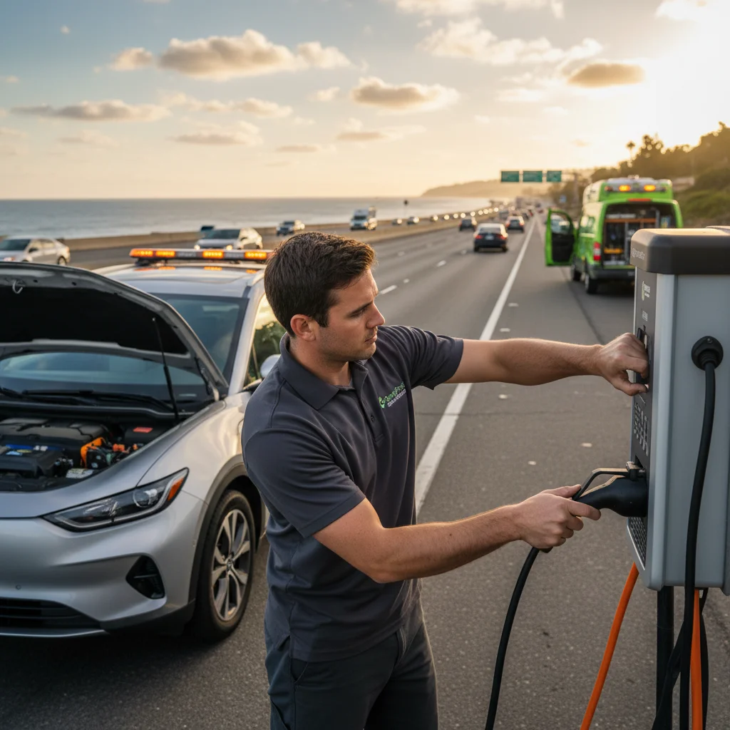 Map graphic of the I-5 corridor between Oceanside and San Clemente highlighting the EV charging gap with a rescue truck icon overlaid