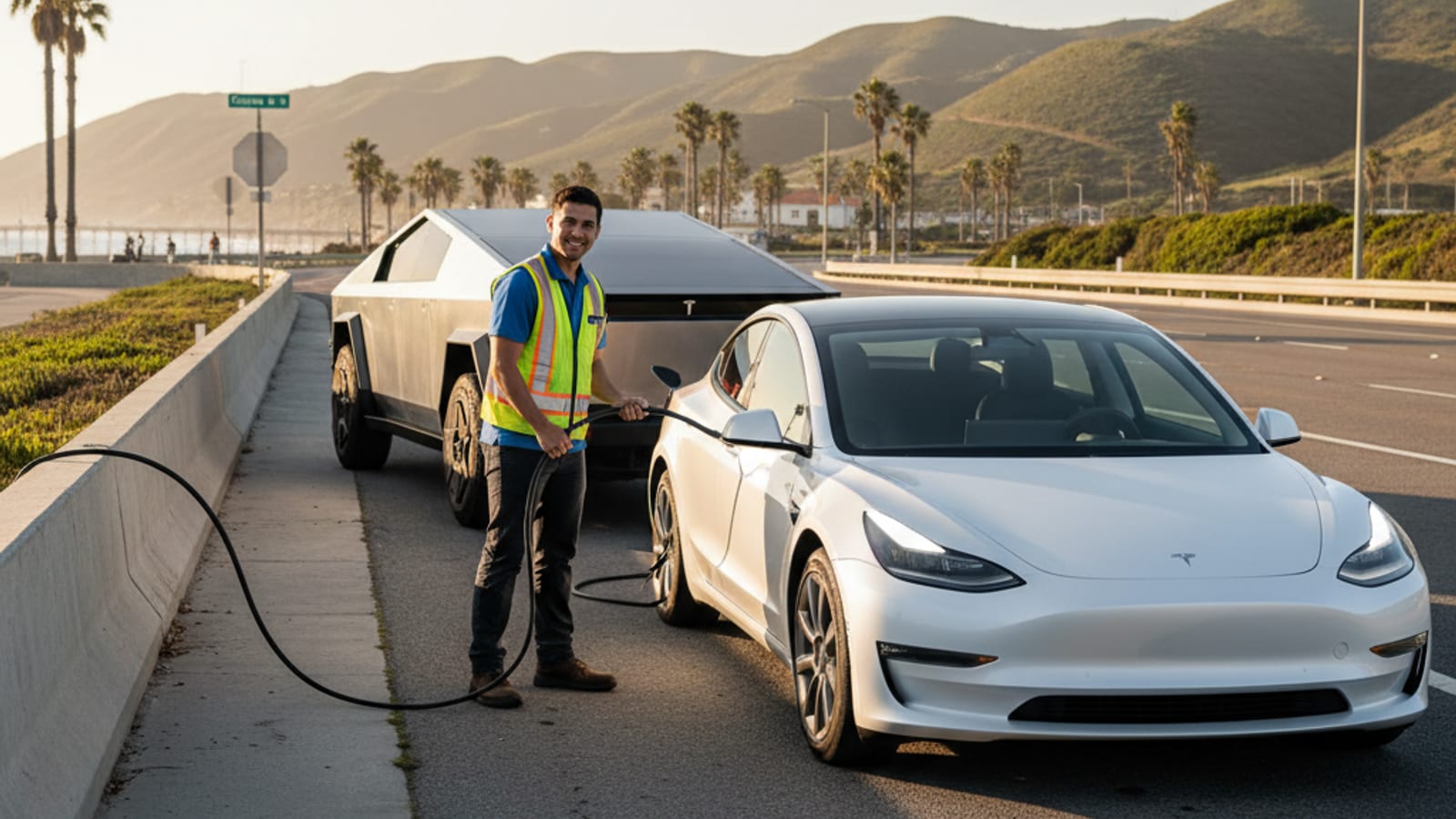 Charge Pro SD Cybertruck providing mobile EV charging to a stranded Tesla on the shoulder of I-5 near Oceanside, with Camp Pendleton signage in background
