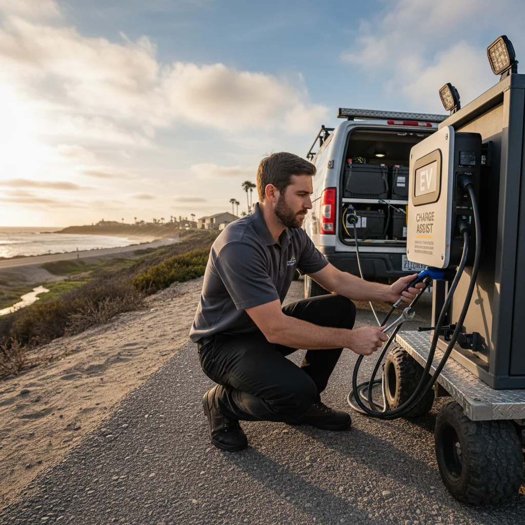 A stranded Subaru Solterra parked at a San Diego trailhead with a mobile EV rescue vehicle pulling up to assist.