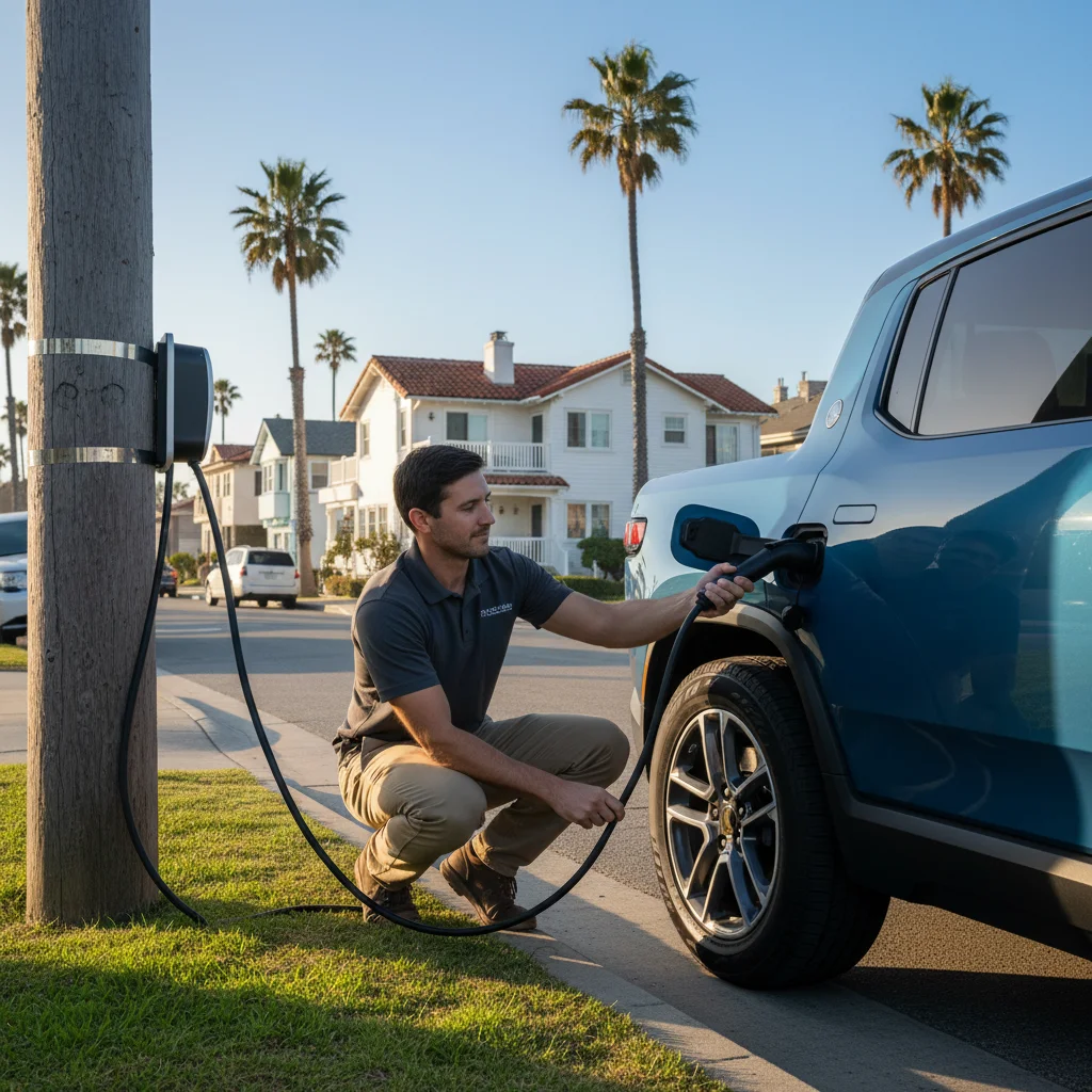Technician plugging CCS charger into Rivian R1S on a Pacific Beach street.