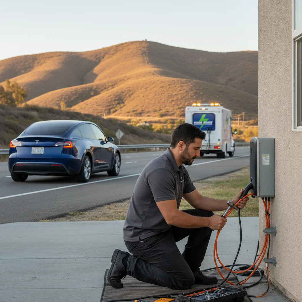 A Tesla stranded on the I-15 in Rancho Bernardo receives mobile EV charging from a Charge Pro SD truck.