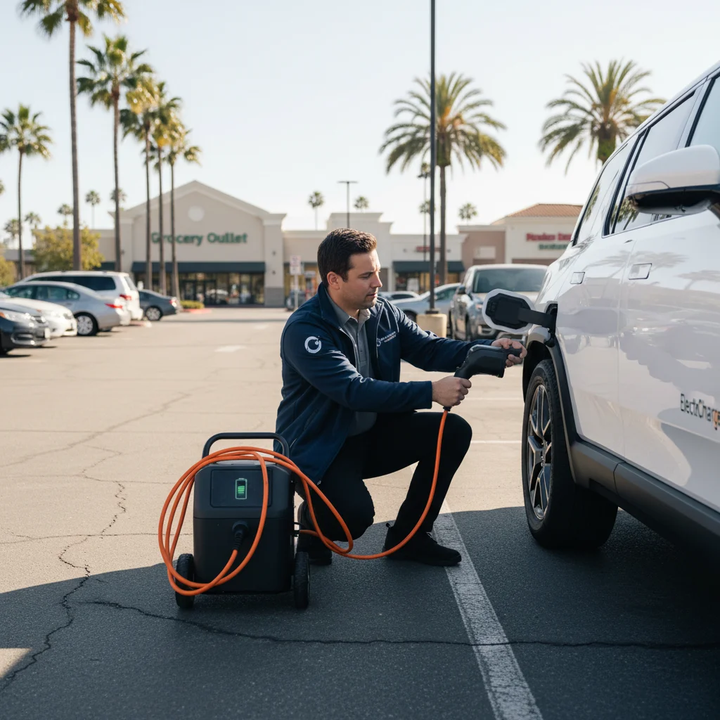 Charge Pro SD technician providing mobile EV charging to a Rivian in a 4S Ranch parking lot.