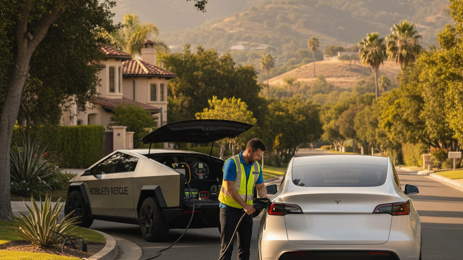 Tesla Cybertruck providing mobile charging to a luxury electric vehicle on a tree-lined street in Rancho Santa Fe