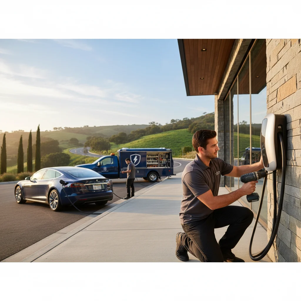A Volvo XC40 Recharge parked on a coastal Encinitas street with a dark dashboard, a mobile EV rescue Cybertruck pulling up alongside.