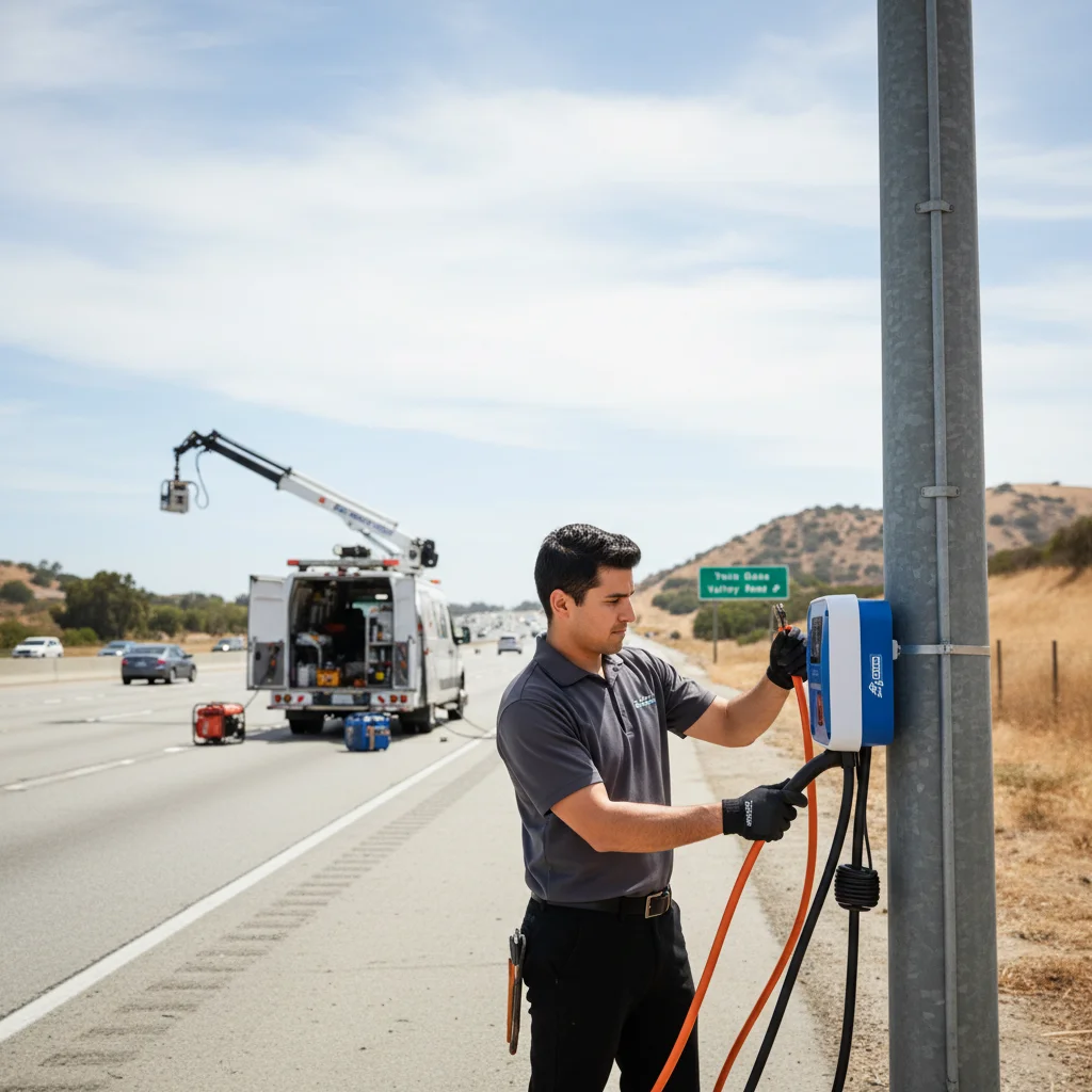 Tesla Model 3 on the shoulder of SR-78 near San Marcos with a mobile EV charging truck approaching at golden hour