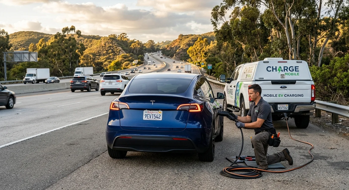 A Tesla Model Y stopped on the shoulder of I-15 near Scripps Ranch with eucalyptus-lined canyons behind, mobile EV charging truck approaching, late afternoon golden light