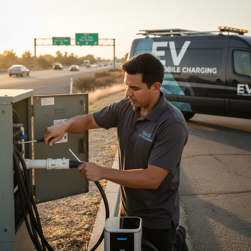 Technician connecting a CCS cable to an EV on a Shadowridge residential street