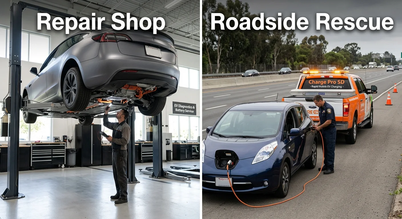 A split image. On the left, an an EV on a lift in a clean repair shop. On the right, a Charge Pro SD rescue vehicle helping a stranded EV on the side of the road.