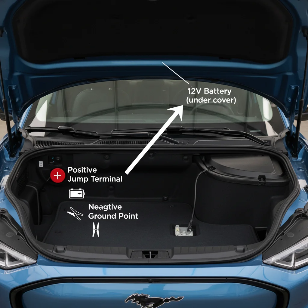 Diagram showing the location of jump start terminals and the 12V battery in a Ford Mustang Mach-E's frunk and underhood area.