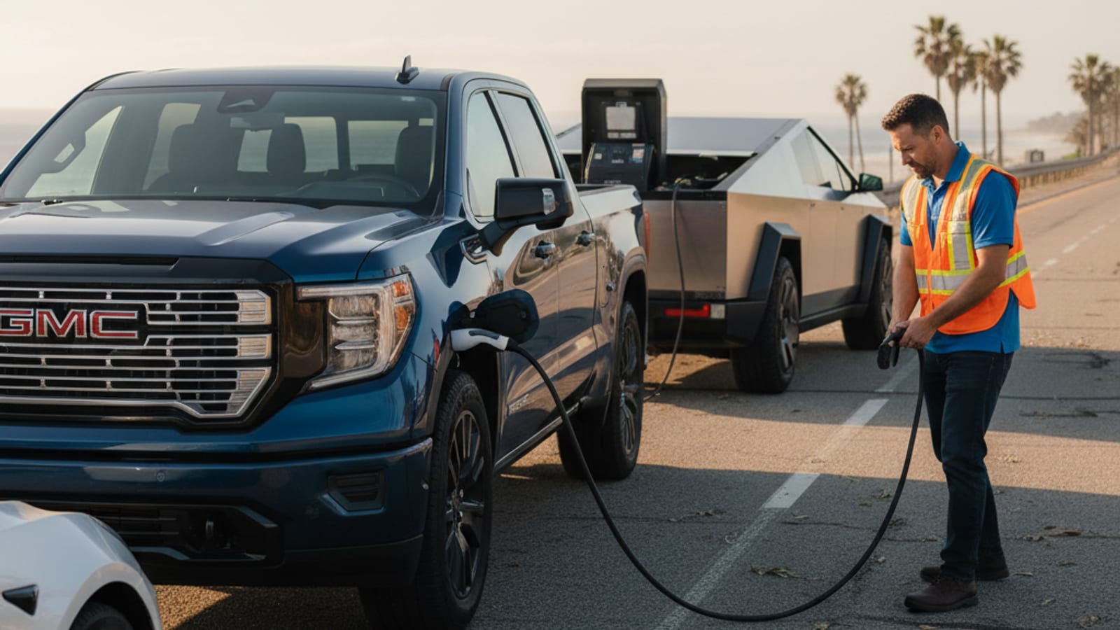 A GMC Sierra EV parked safely on a San Diego freeway shoulder, with a mobile EV charging vehicle approaching.