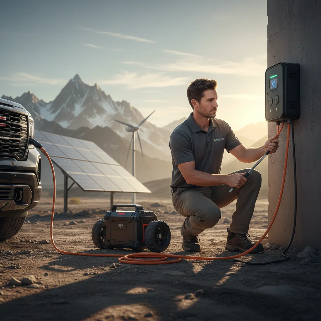 A mobile EV charging technician connecting a portable charger to a stalled electric delivery van parked on a San Diego residential street