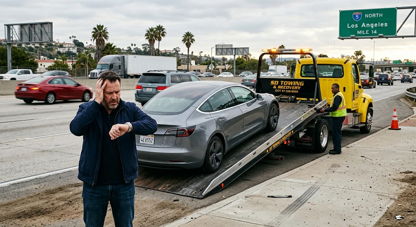 An EV being loaded onto a flatbed tow truck on the side of a busy San Diego freeway, with the driver looking stressed and checking their watch.