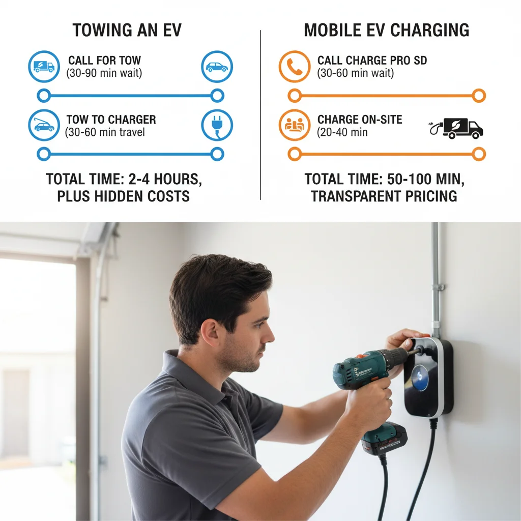 Infographic comparing the typical time and steps involved in towing an EV to a charging station versus receiving mobile EV charging on-site.