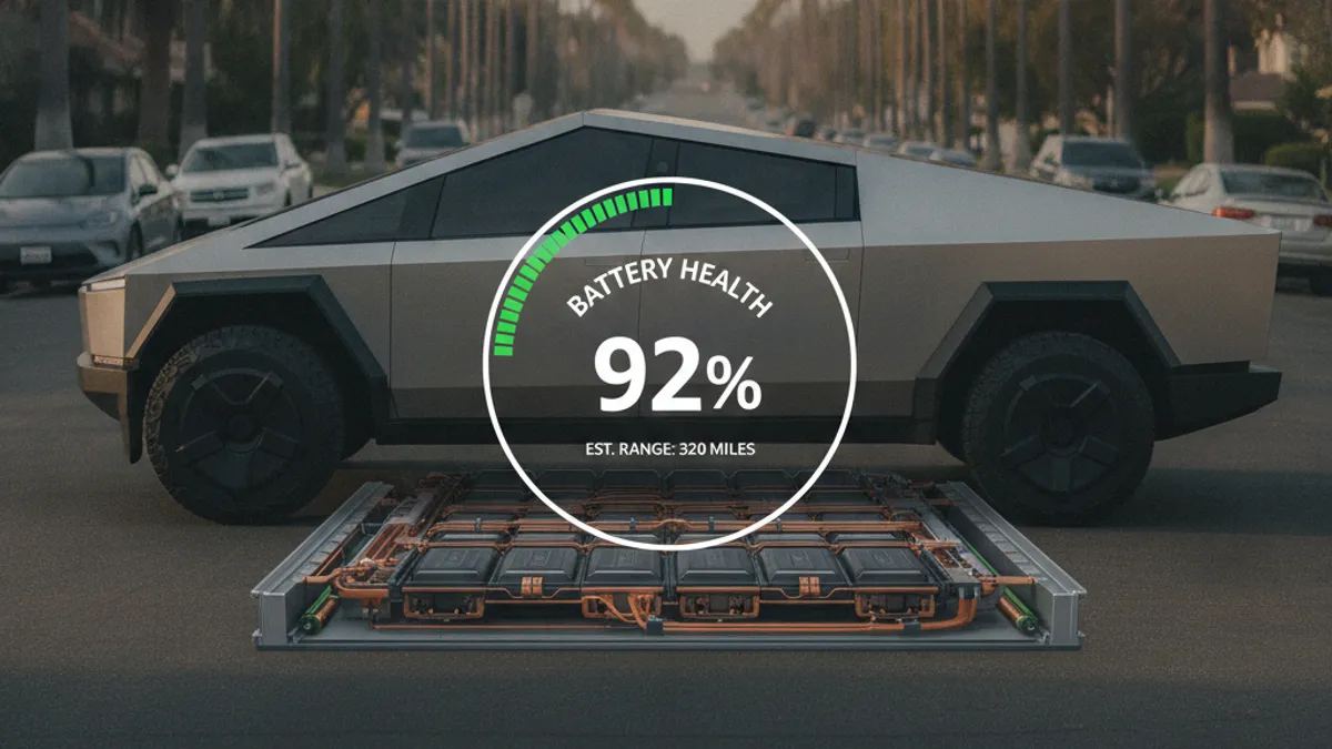 A cutaway illustration of a Tesla battery pack under the vehicle floor, with a battery health percentage gauge overlay.
