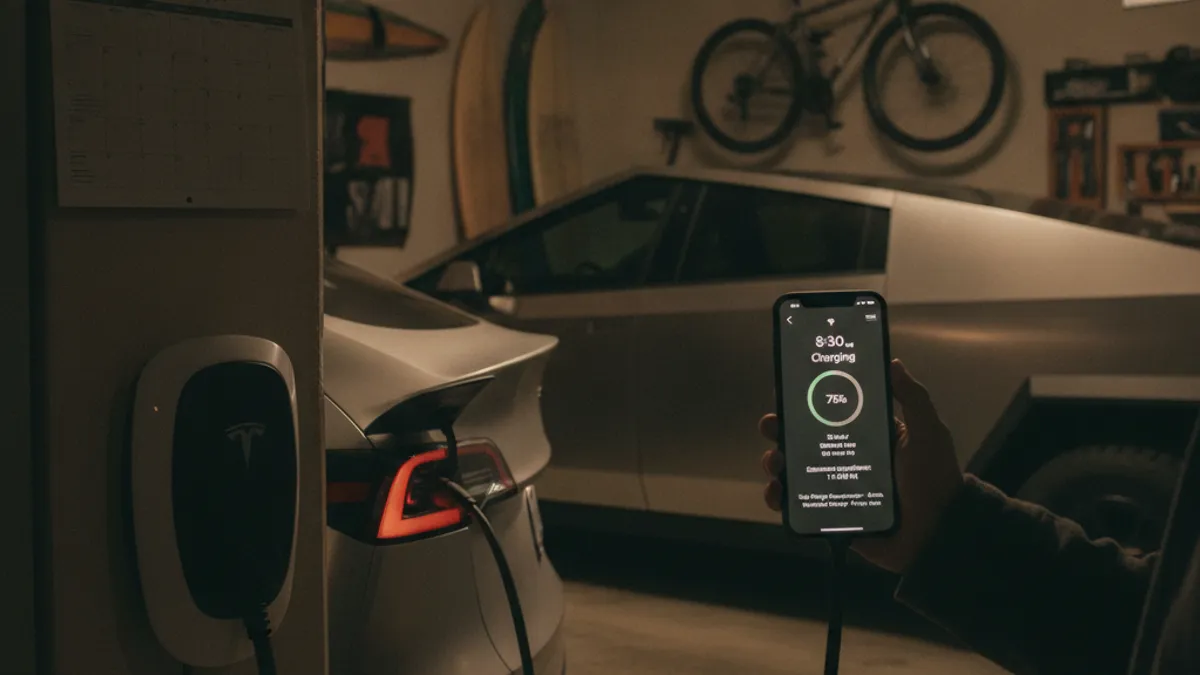 A Tesla Model Y plugged into a home Level 2 wall charger in a San Diego garage at night, with a phone showing the Tesla app charging screen.