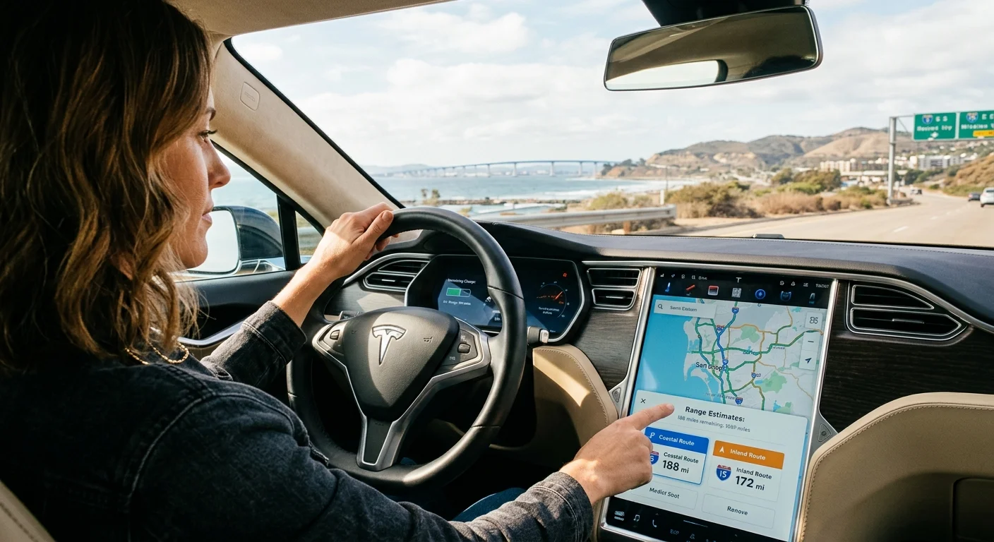 A Tesla traveling through San Diego as its driver reviews the remaining charge estimate