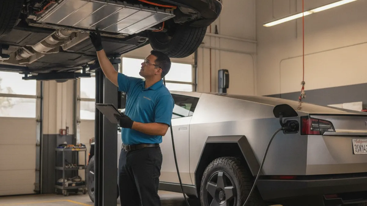 A technician in a Tesla service bay inspecting the underside battery pack of a Model 3 raised on a lift.