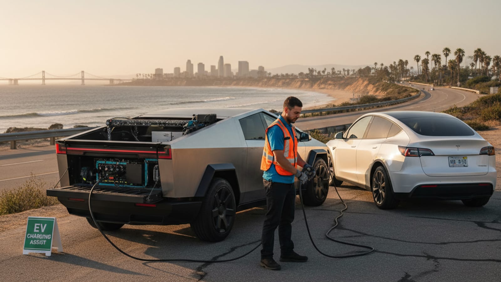 Charge Pro SD Tesla Cybertruck with a 240V outlet charging a stranded EV on the shoulder of I-5 in San Diego at sunset
