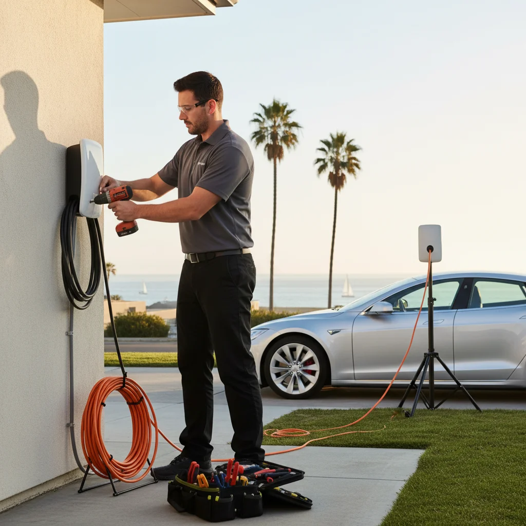 A BMW i4 parked on a San Diego street with a dark dashboard, illustrating a dead 12V battery situation.