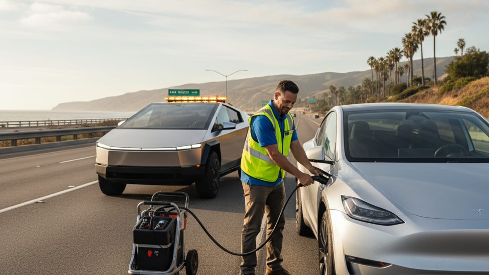 Tesla Model 3 pulled over on a San Diego freeway shoulder with a Charge Pro SD Cybertruck providing mobile charging assistance.