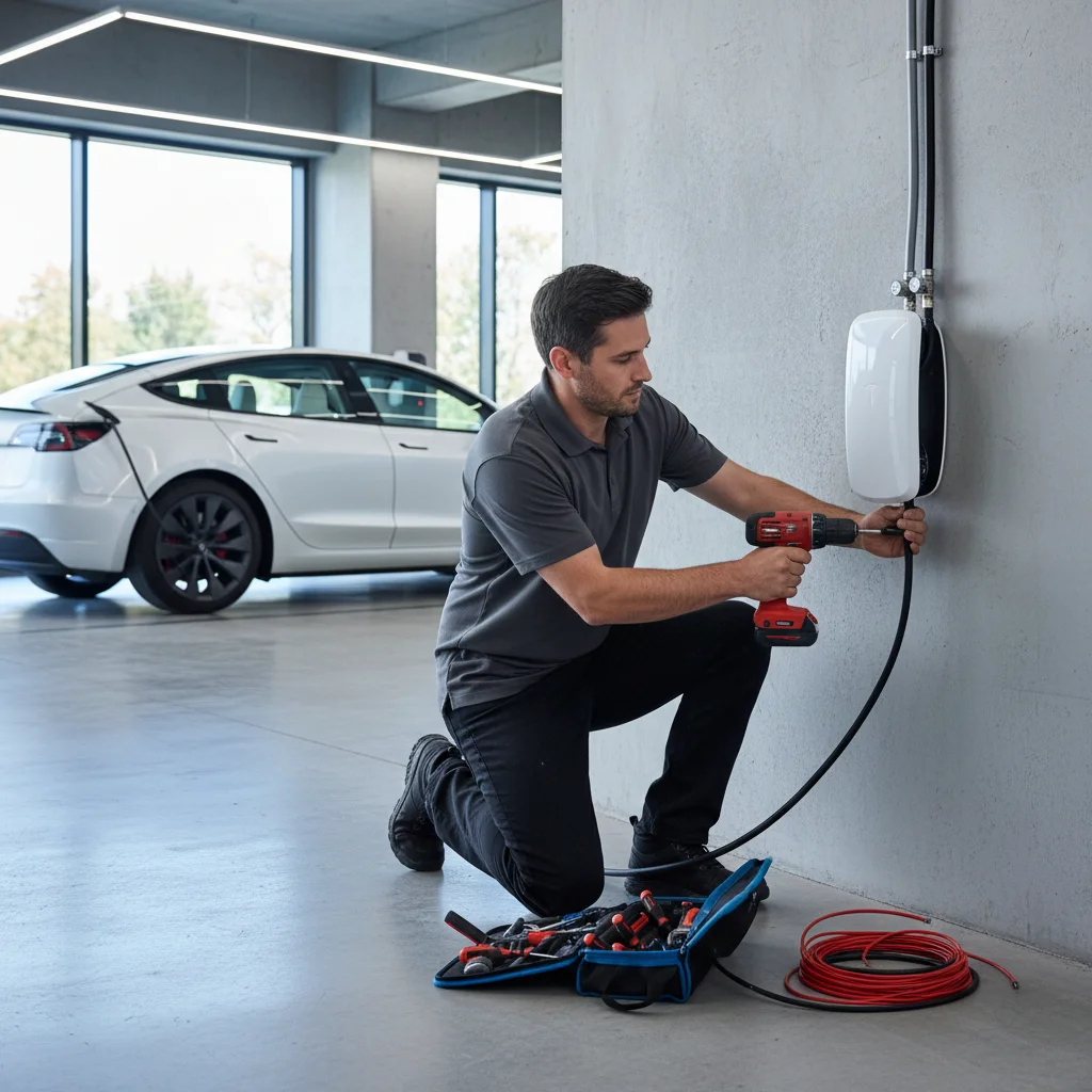 A mobile EV rescue technician connects a charge cable to a Cadillac Lyriq parked roadside in San Diego County at dusk.