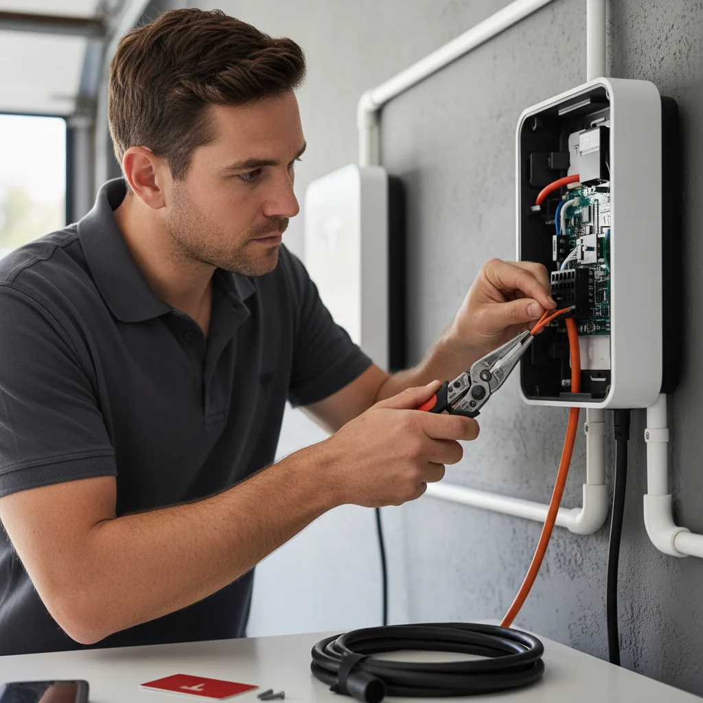 Open Tesla Model Y frunk panel revealing the 12V battery and positive jump post 