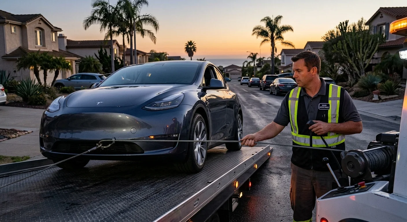 A Tesla Model Y being winched onto a flatbed at dusk in San Diego with its wheels straight in transport mode, a technician guiding the cable.
