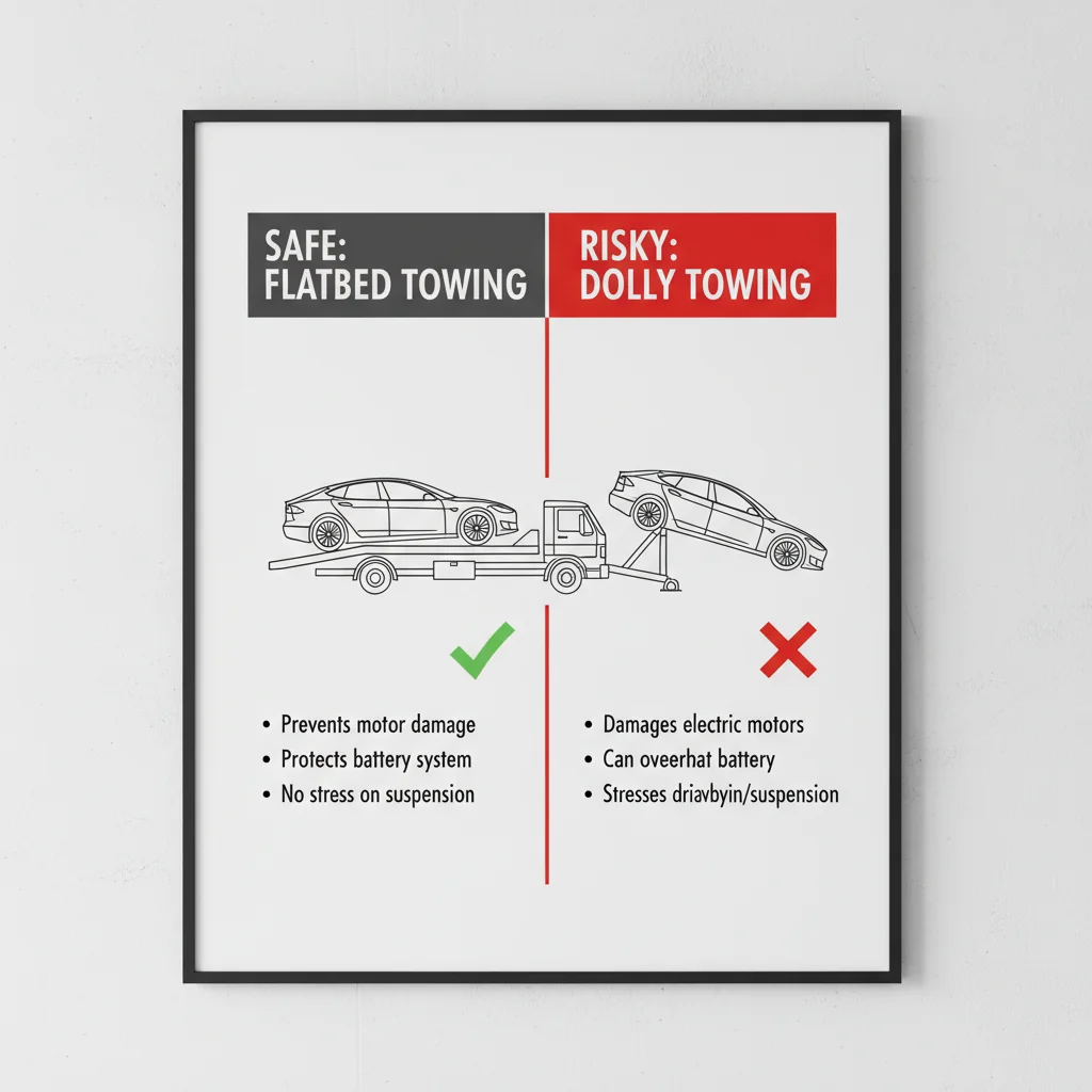 Infographic comparing safe flatbed towing for Teslas versus damaging dolly towing, showing how dolly towing can harm electric motors and battery systems.