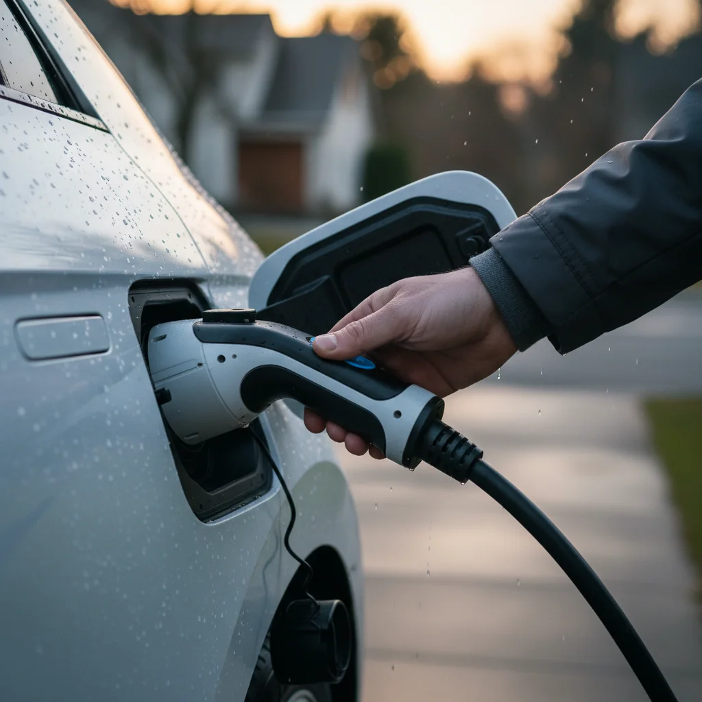 Driver's hand trying to release a stuck CCS charging cable from a Hyundai Ioniq 5.
