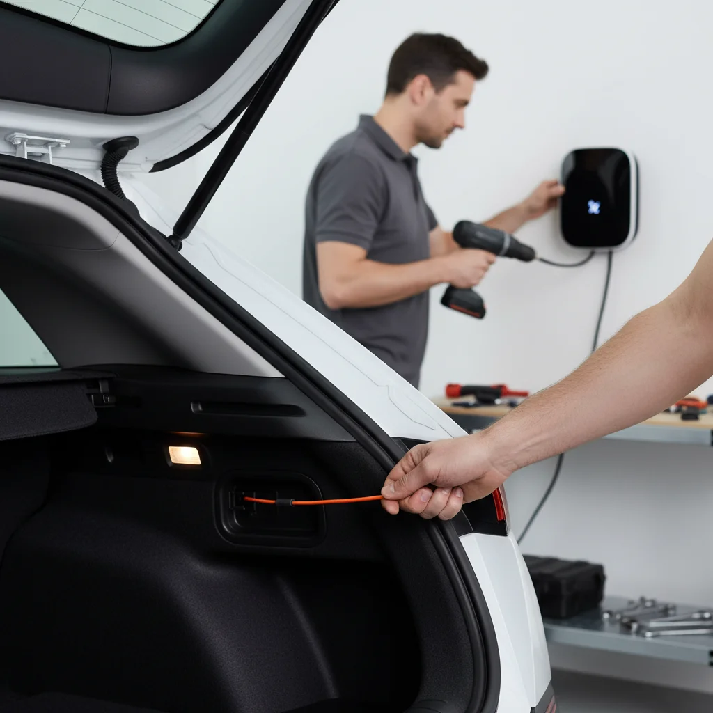 Hand pulling the Hyundai Ioniq 5 manual charge port release cable inside the trunk.