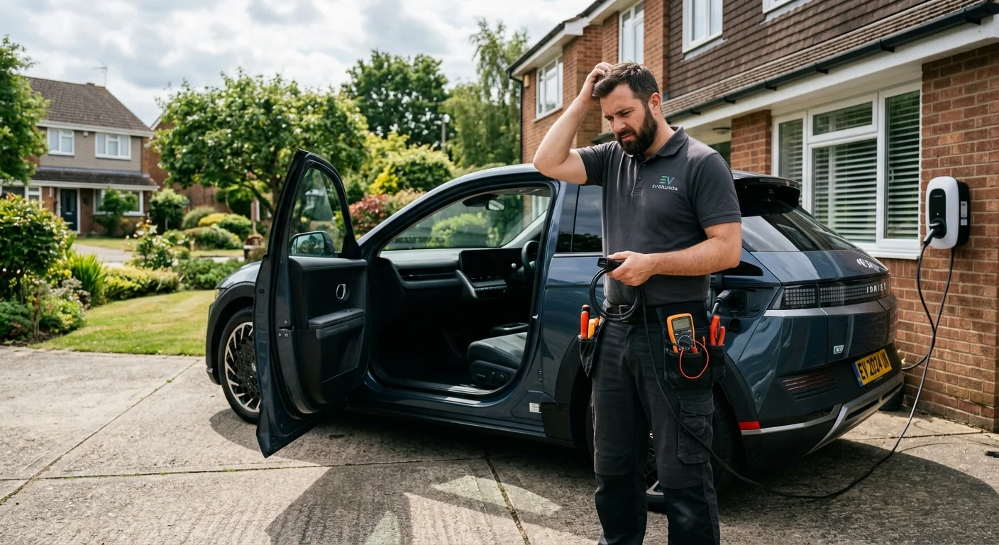 A Hyundai Ioniq 5 with a completely dark dashboard, parked in a driveway. The driver is outside the car, looking at it with a puzzled expression.
