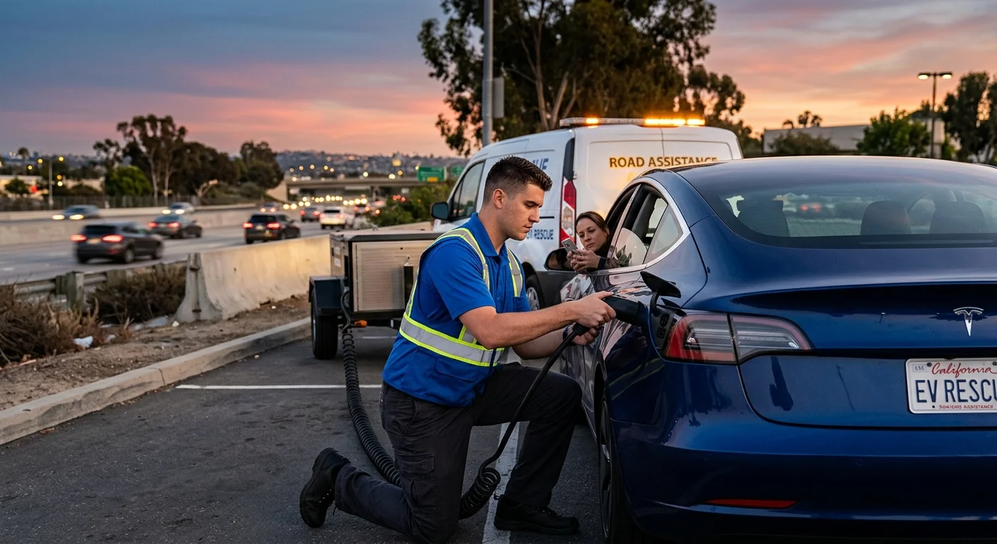 Driver checking roadside options beside a Tesla in San Diego