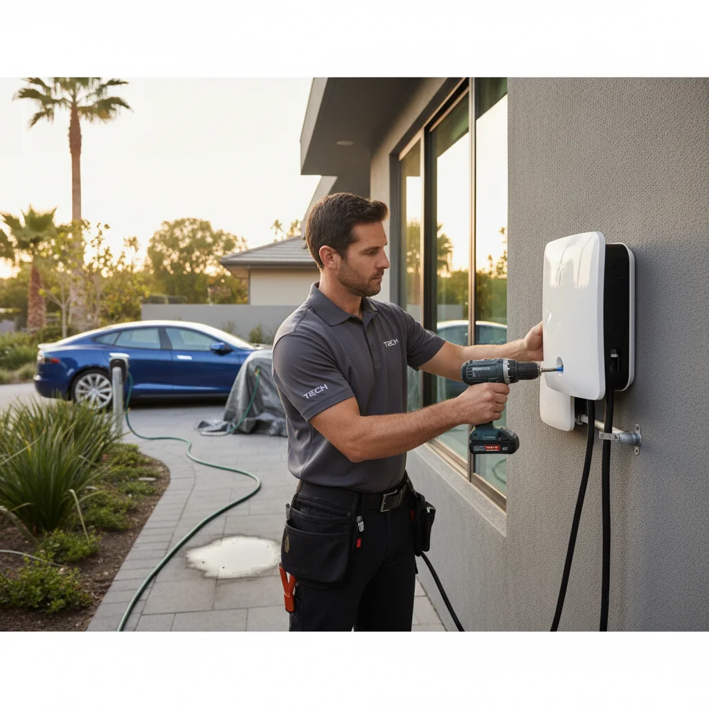 Tesla Model S being assisted by a service technician on a sunny suburban street with a clipboard and invoice visible