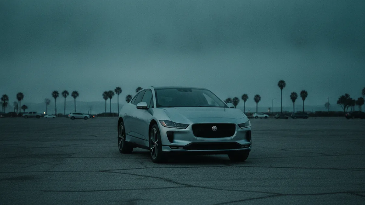 A Jaguar I-Pace electric SUV parked in a dim San Diego lot at dusk with a dark, unlit dashboard, illustrating a dead 12V battery.