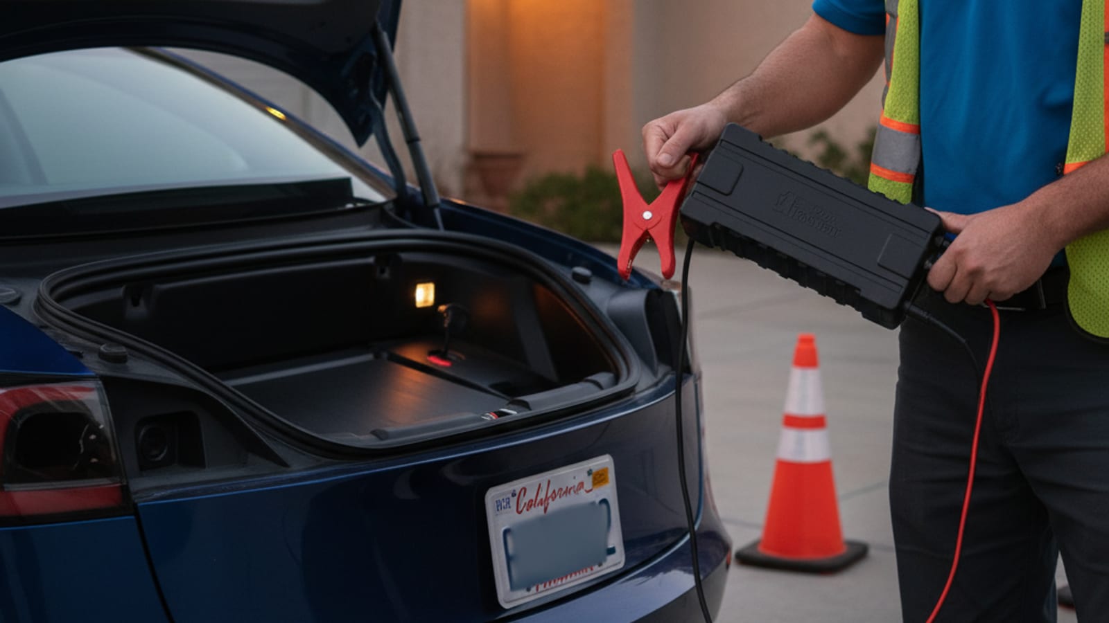 Hands holding a lithium jump pack next to an open frunk on a Tesla Model 3 in a driveway at dusk