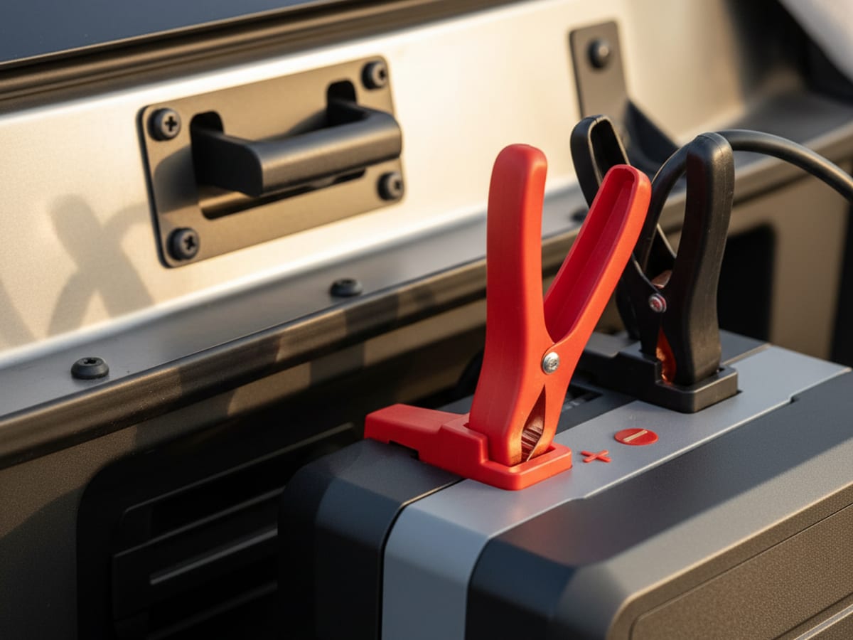 Close-up of red and black jumper leads connected correctly to positive and negative terminals of a lithium jump pack with labels clearly visible
