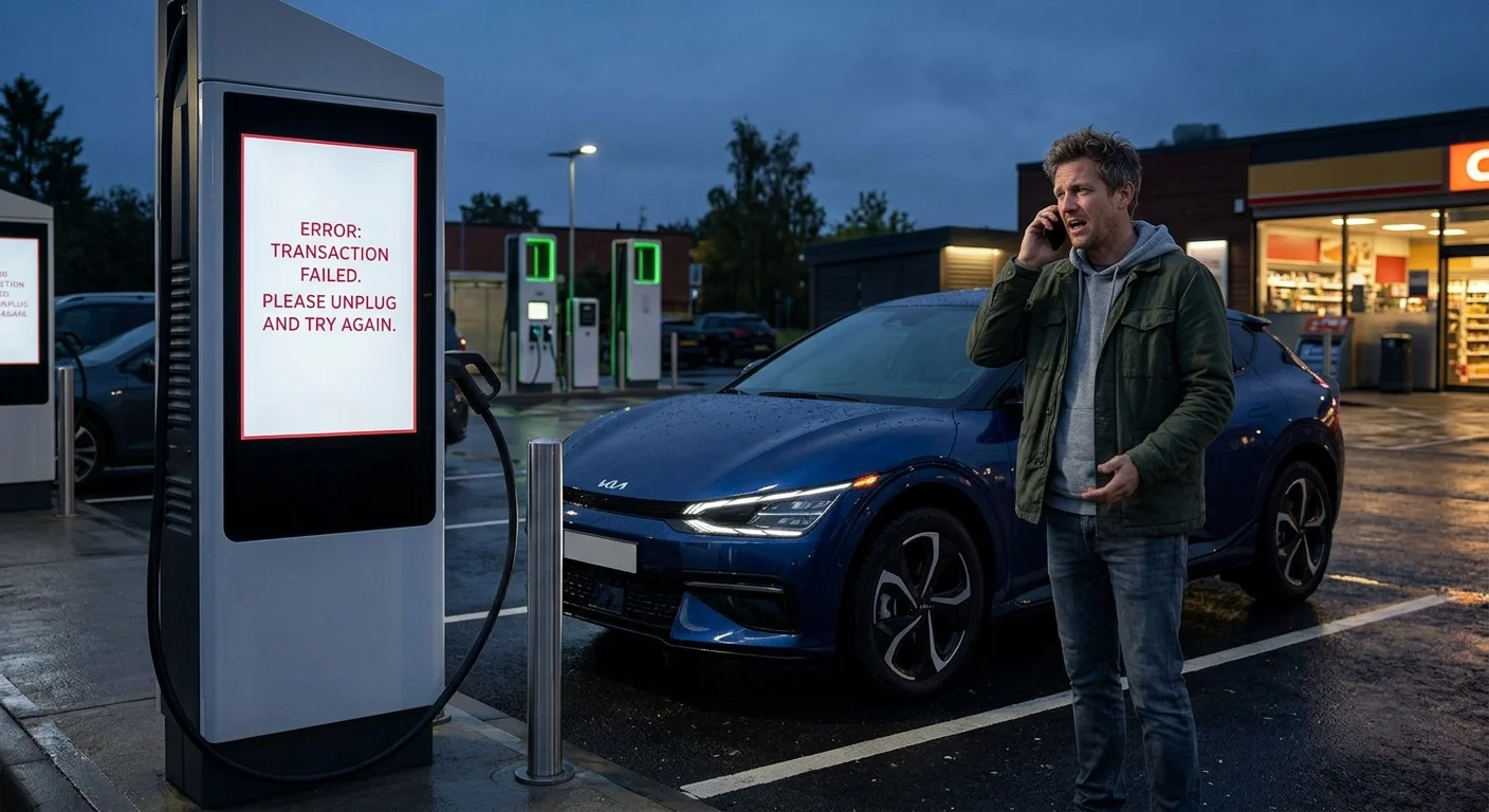 A Kia EV6 parked at a charging station at dusk, with an error message visible on
