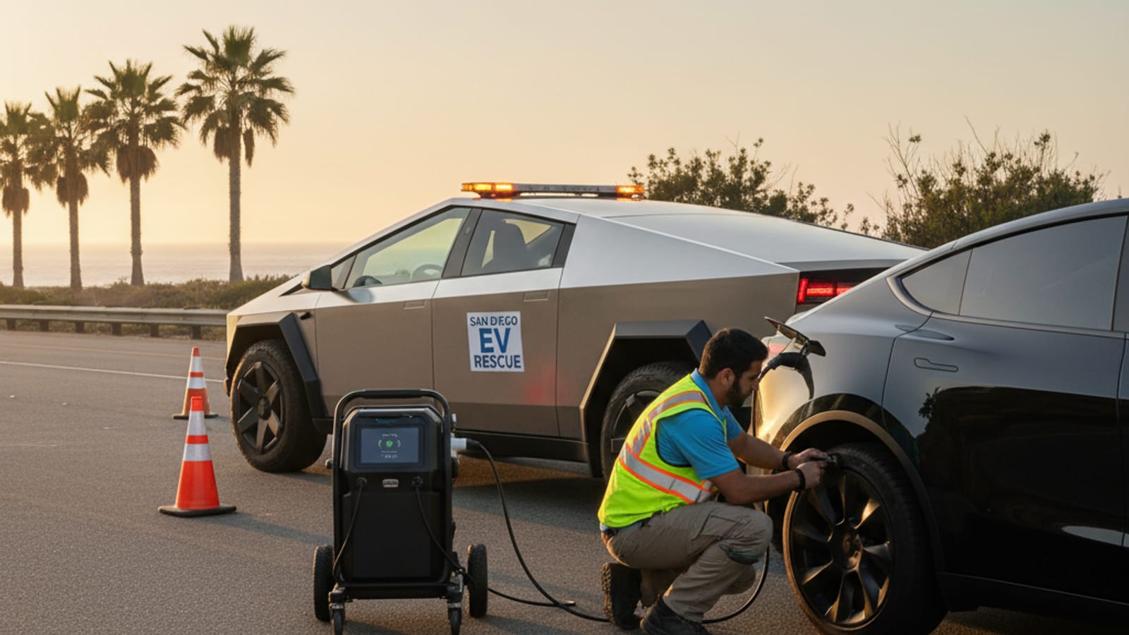 Tesla Cybertruck with charging cable extended to a stranded EV on a San Diego freeway shoulder
