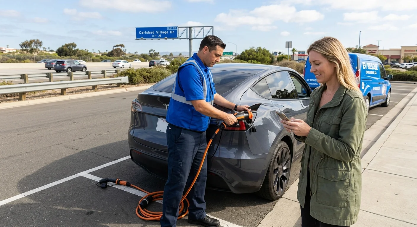 Electric vehicle parked safely near an I-5 exit in Carlsbad